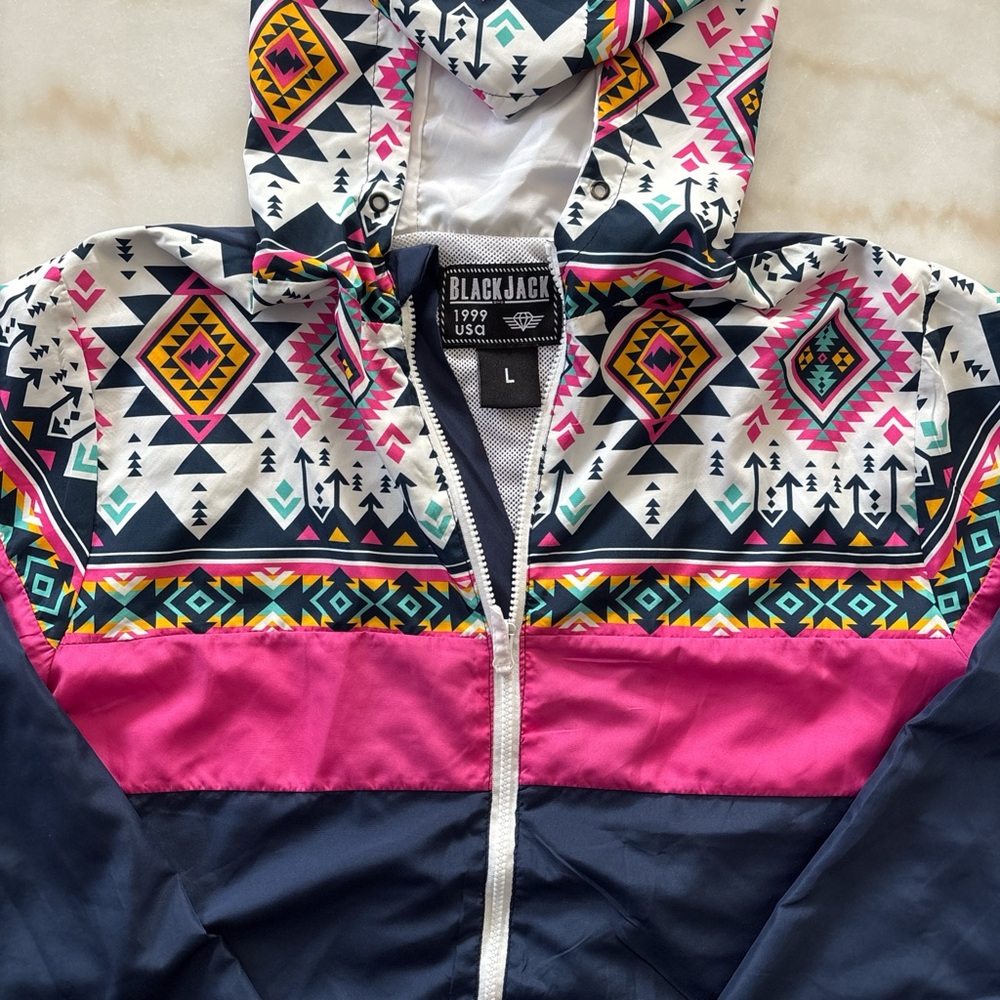 Jackblack Navy Blue- multicolored Aztec/tribal  windbreaker size XL - Picture 4 of 6